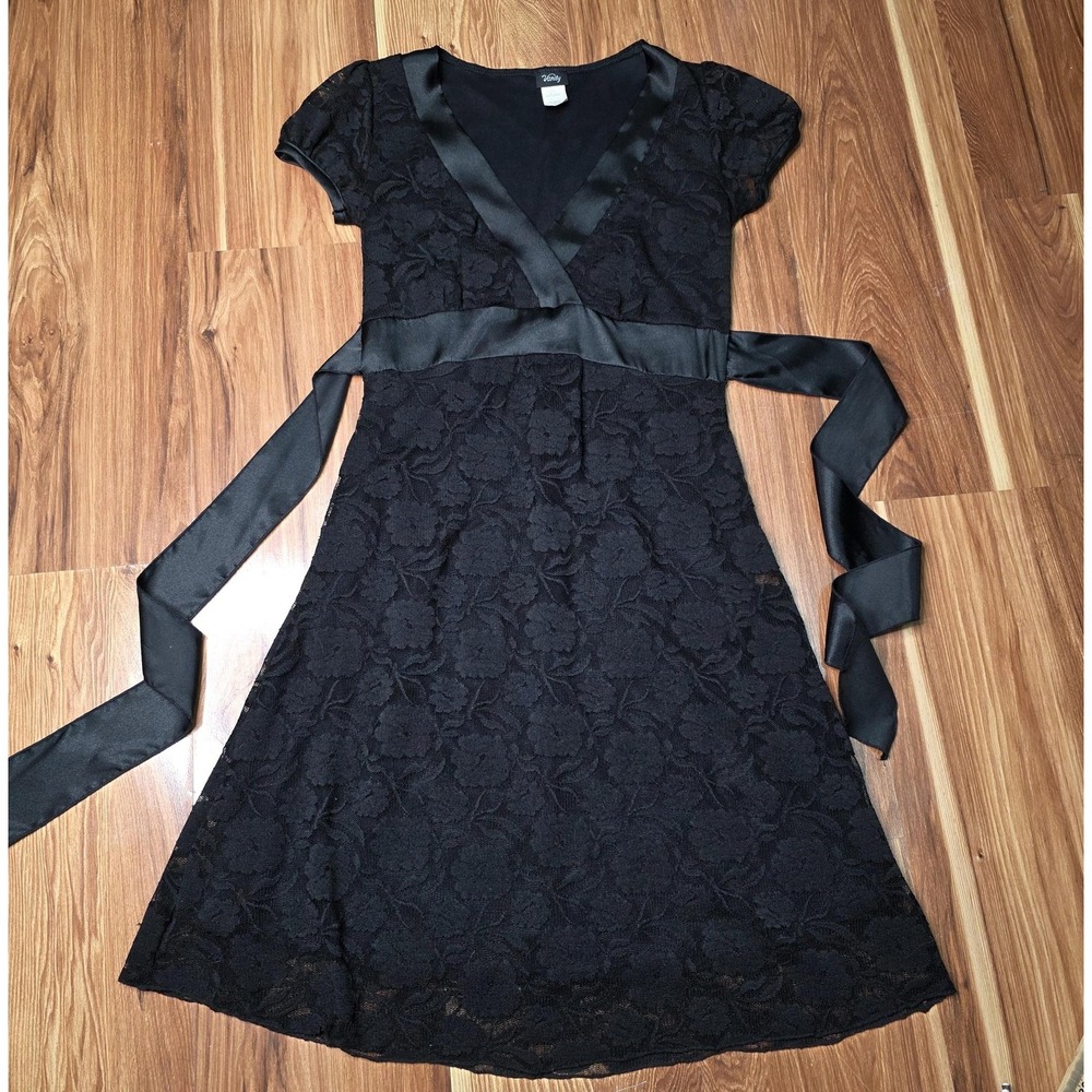 Vtg Vanity Midi‎ Dress Juniors Medium Y2k Black Lace Floral Empire Waist Bow 90s